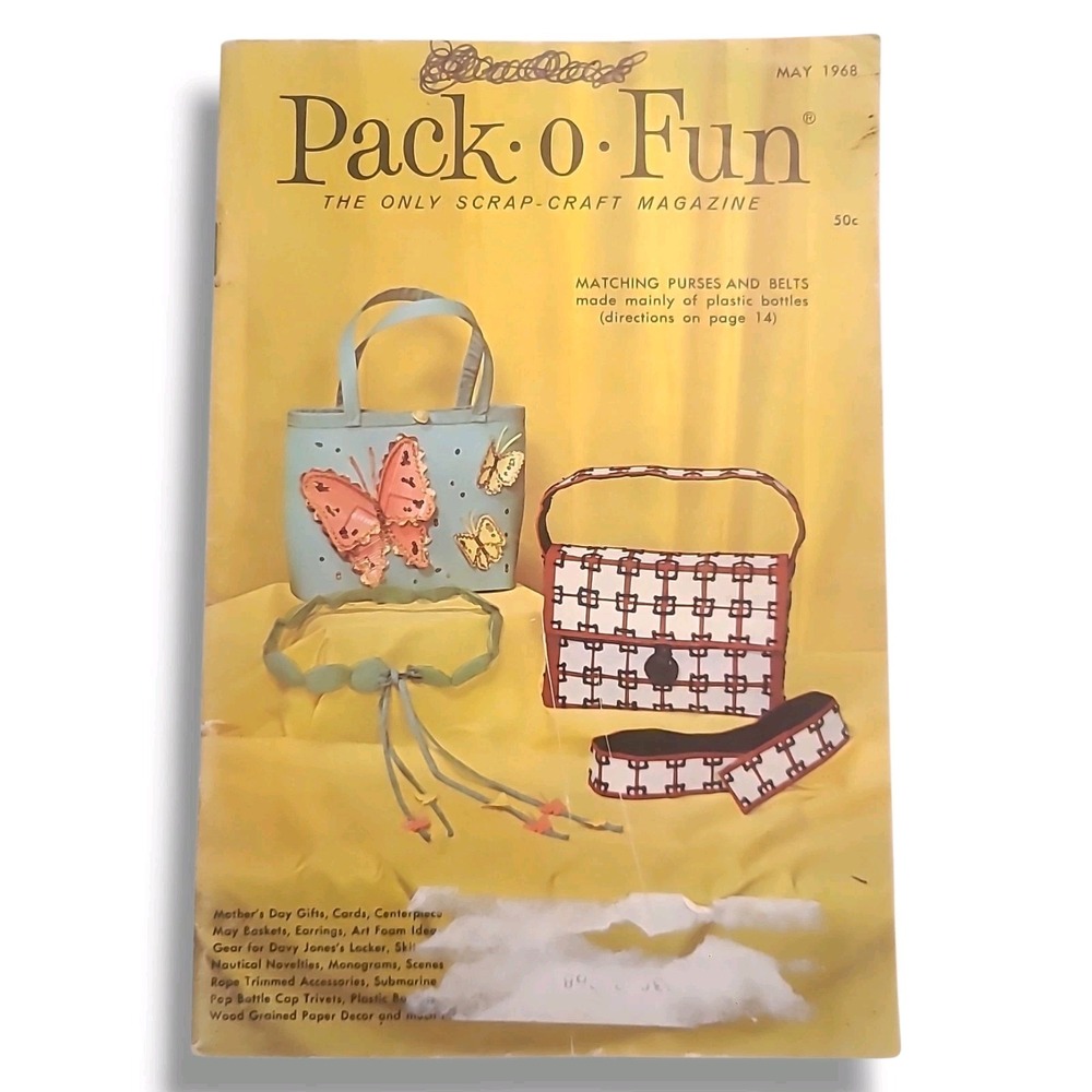 Pack O Fun Magazine May 1968 Vintage Scrap Craft Patterns Purse Belt Flowers Ads